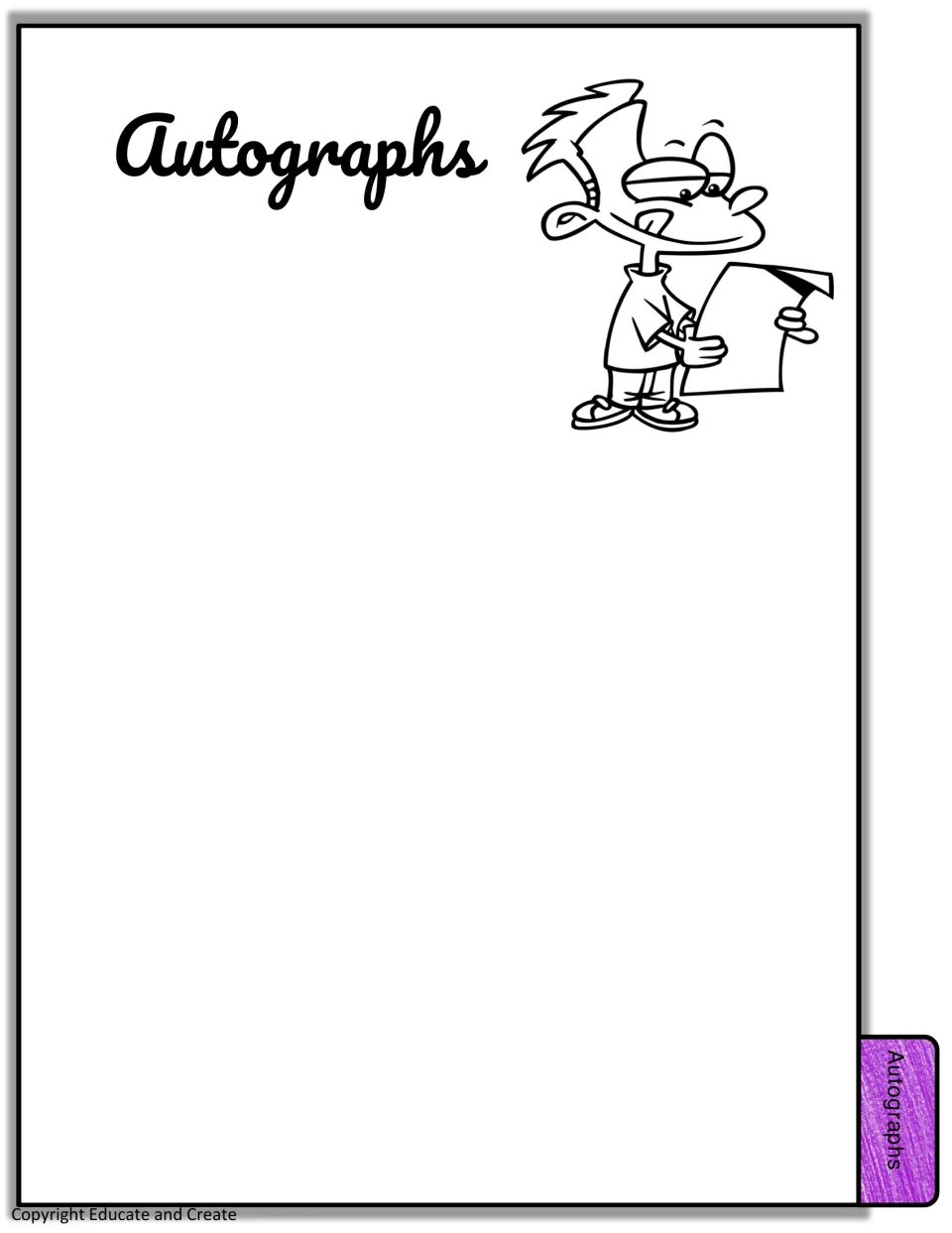 Autographs page: open space for classmates to sign, with a cartoon student reading a sheet of paper