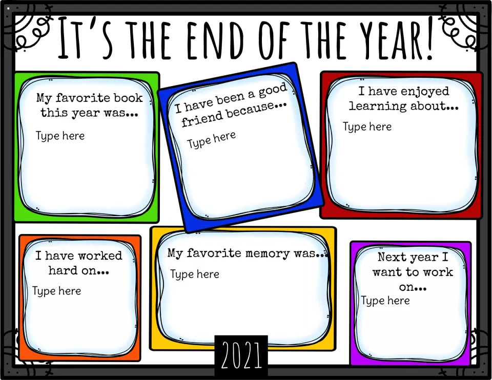 Digital end-of-year reflection: students type answers under six prompts, from favorite book to what to work on next year