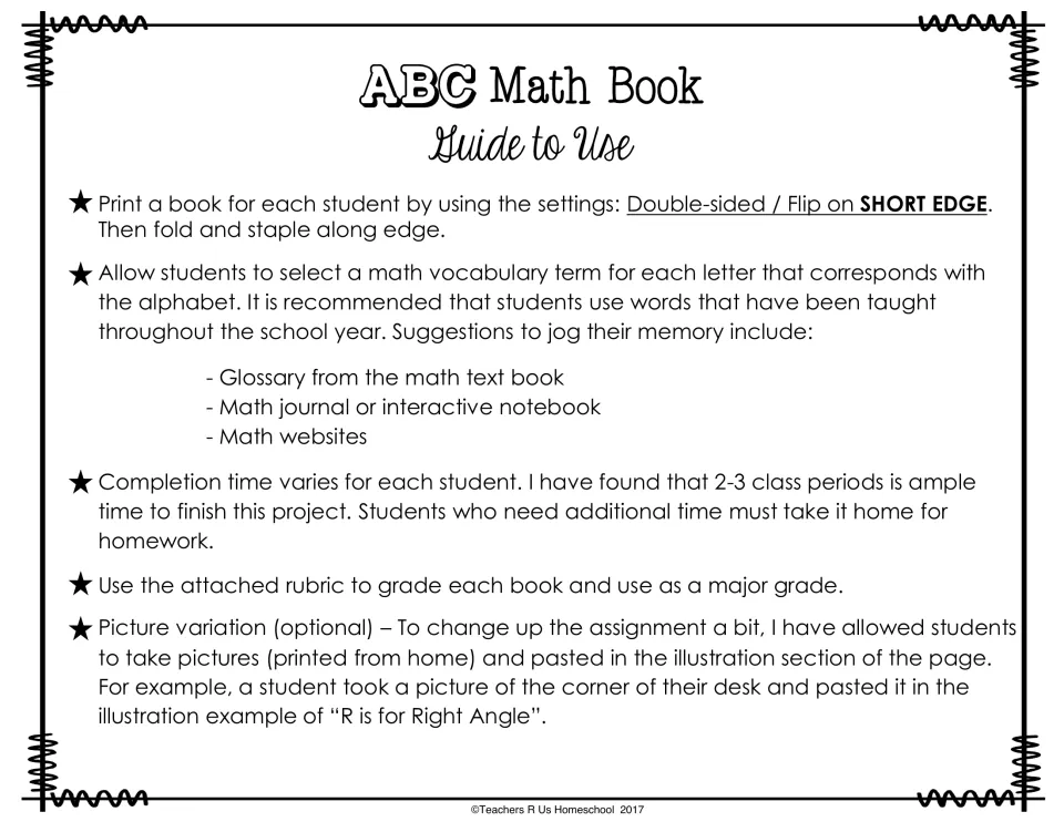Teacher guide: print double-sided on short edge, students pick a math term per letter, 2-3 class periods, rubric grading