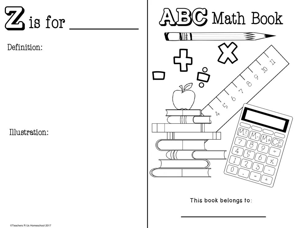 Booklet cover with pencil, ruler, calculator and books plus name line, beside a Z is for page for a definition and drawing
