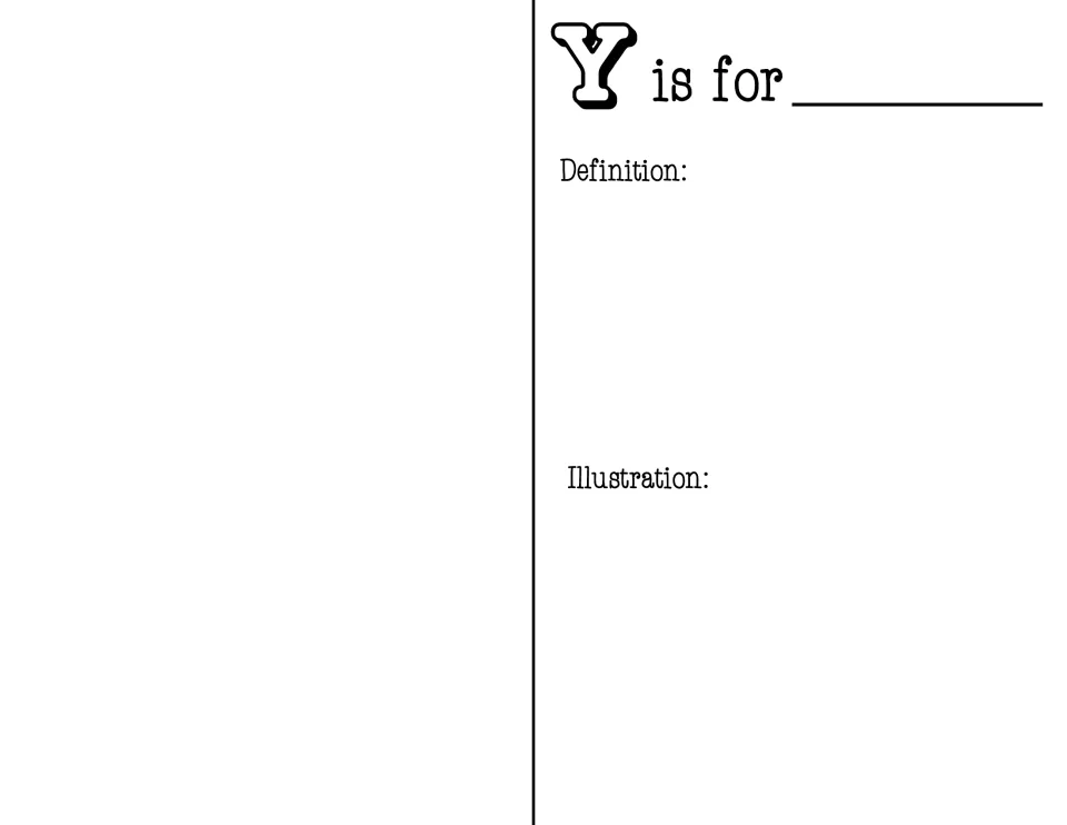 Y is for page: students write a math vocabulary word starting with Y, define it and draw an illustration; left half blank