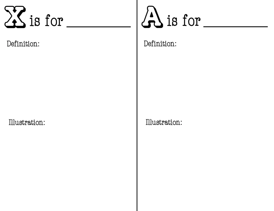 X and A pages: students choose a math term for each letter, then write its definition and draw an illustration below