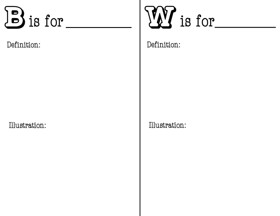 B and W alphabet pages: students name a math word for each letter, write what it means and sketch a picture of it