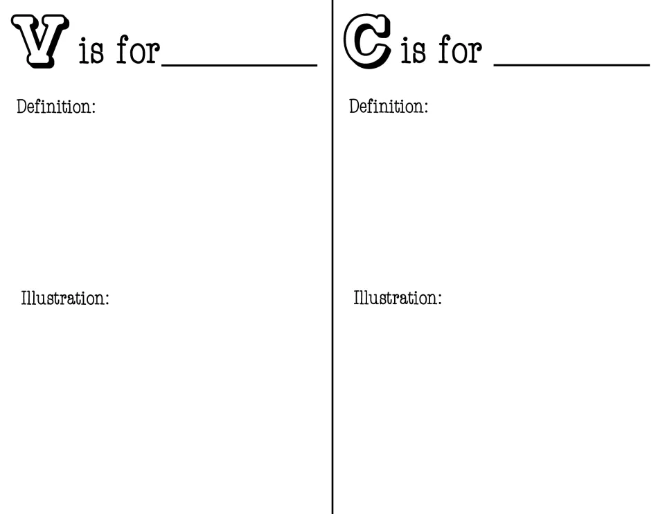 V and C letter pages: students fill in a math term, explain it in a definition and illustrate the idea for review