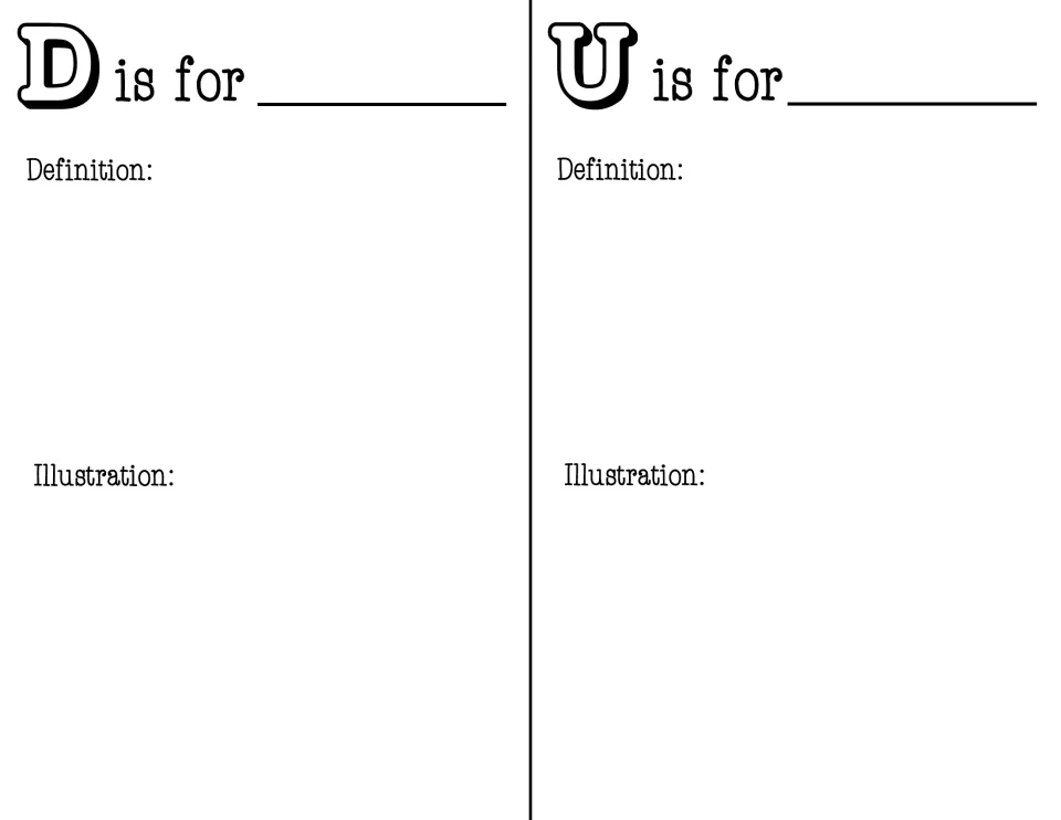 D and U vocabulary pages: students record a math word for each letter with its definition and an illustration
