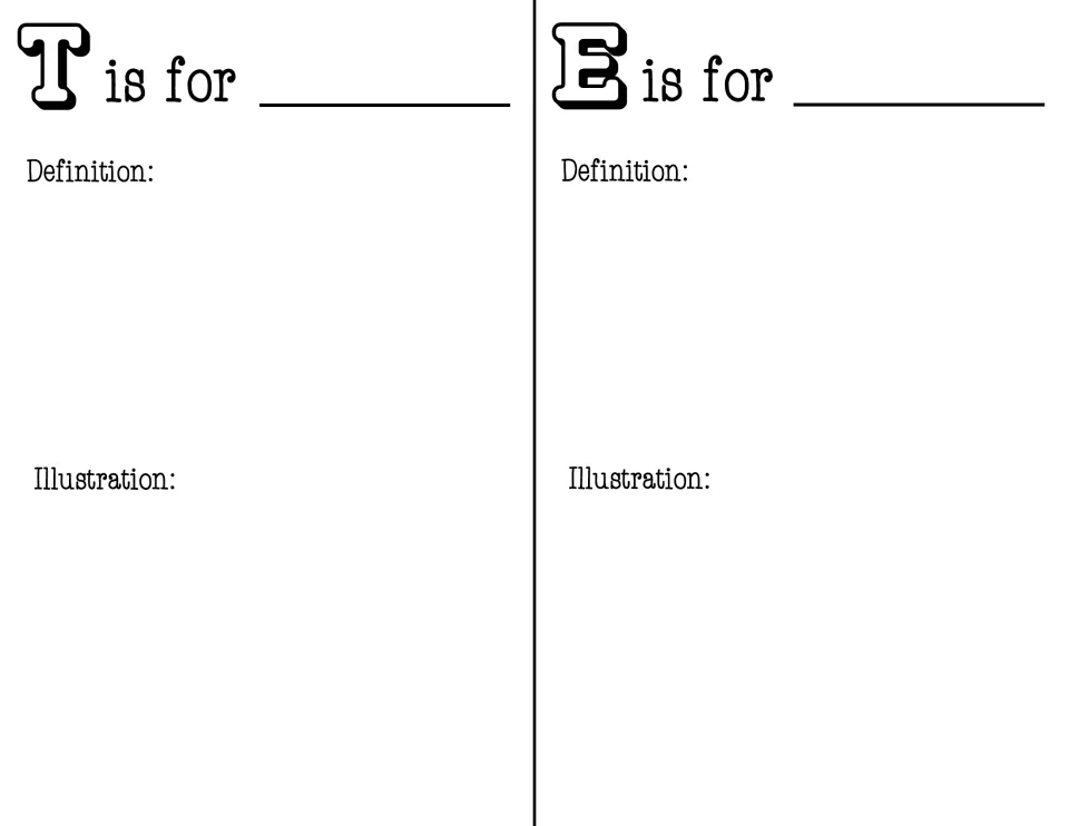 T and E pages: students pick year-end math words for these letters, define each term and add an illustration