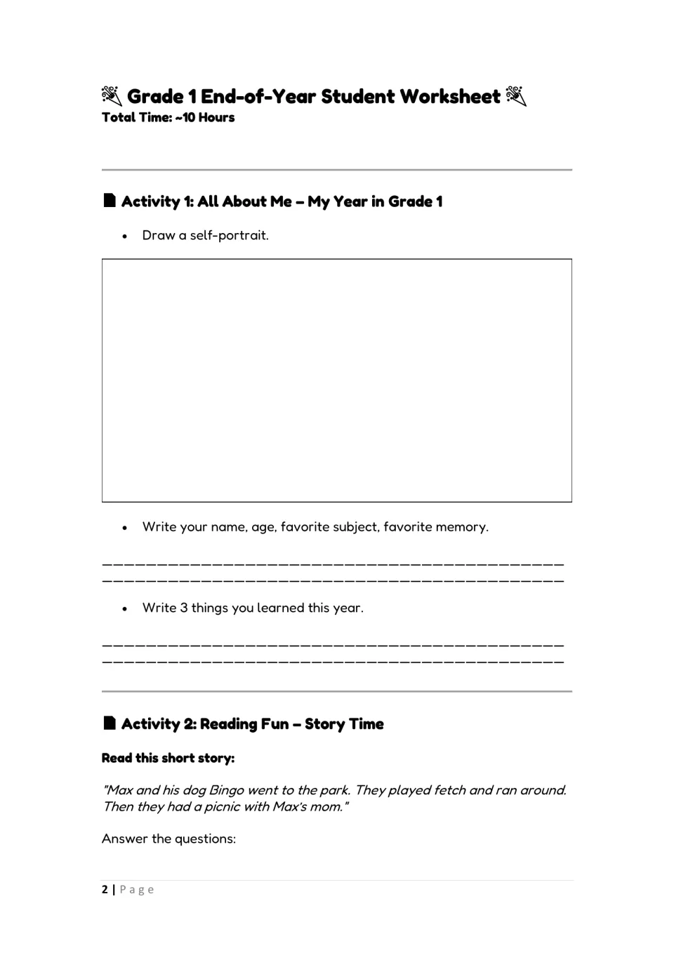 Activities 1–2: draw a self-portrait, reflect on first grade, and read about Max and his dog Bingo at the park