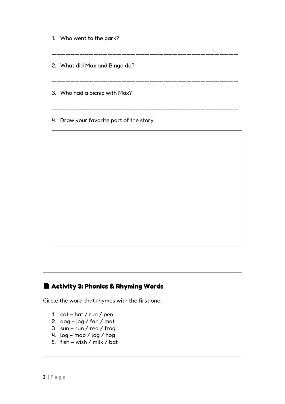 Activities 2–3: answer questions about Max and Bingo, draw a story scene, and find rhymes for cat, dog, and more