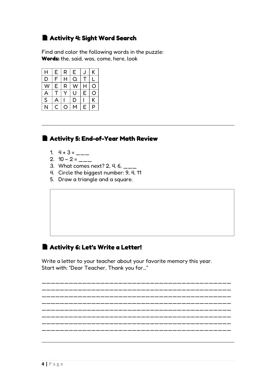 Activities 4–6: find six sight words, solve 4 + 3 and 10 − 2, review numbers and shapes, and write to a teacher
