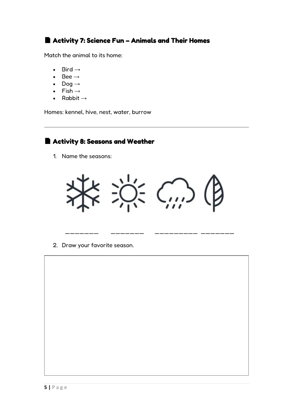 Activities 7–8: match bird, bee, dog, fish, and rabbit to homes, name seasons, and draw a favorite season