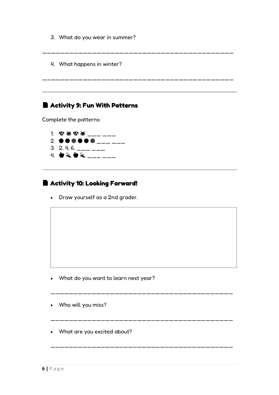 Activities 8–10: answer seasonal questions, complete picture and number patterns, and reflect on second grade