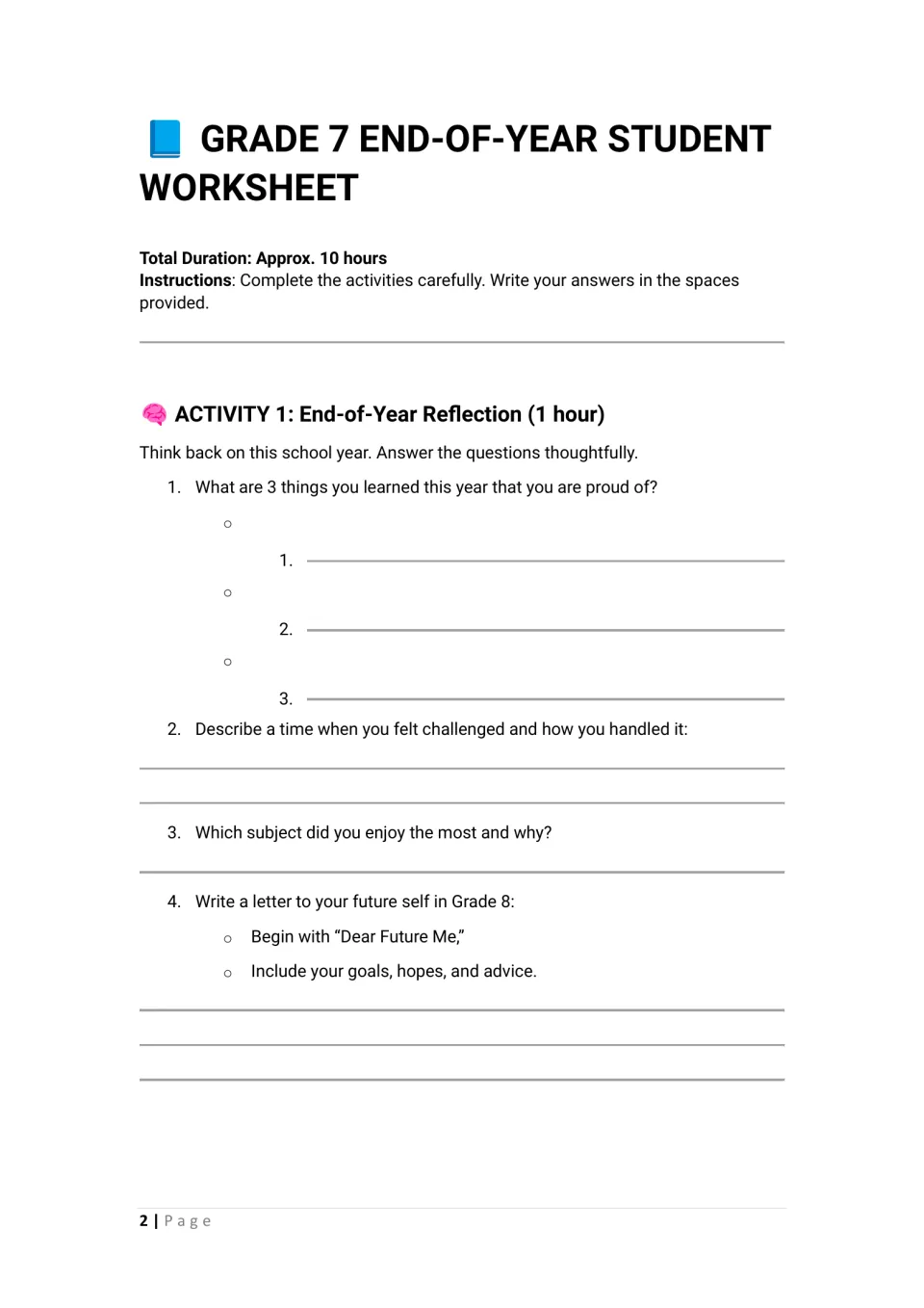 End-of-year reflection: students list 3 things learned, describe a challenge, name a favorite subject, write to future self