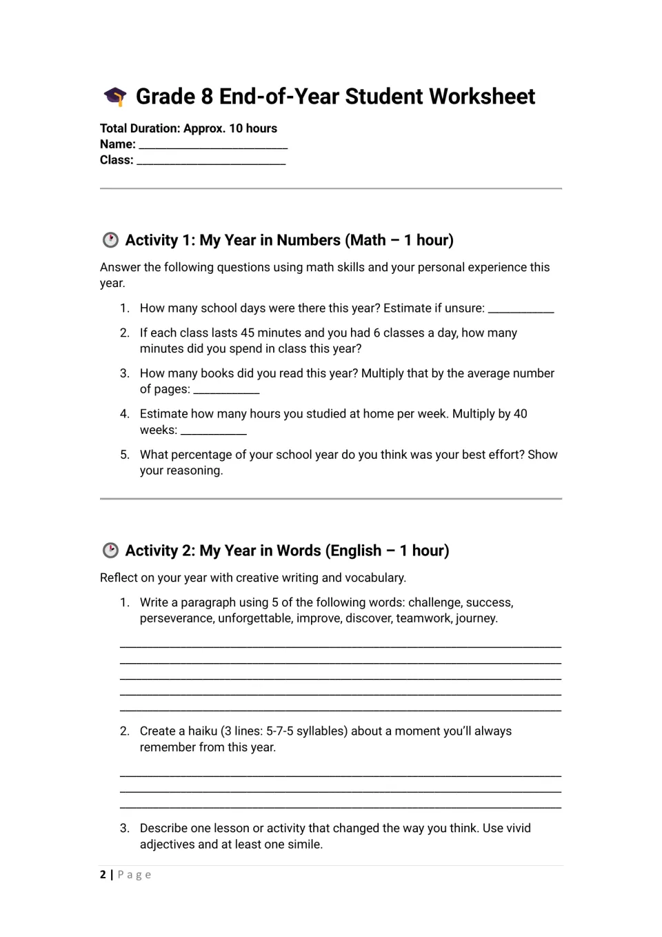 Activities 1–2 begin the packet with school-year math calculations, vocabulary writing, and a memory haiku