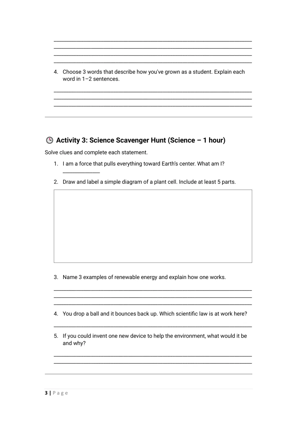 Activity 2 concludes with student growth words; Activity 3 reviews gravity, plant cells, and renewable energy