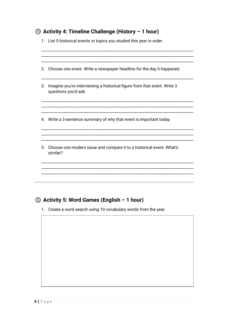 Activity 4 asks for historical events, a headline, and interview questions; Activity 5 starts a word search