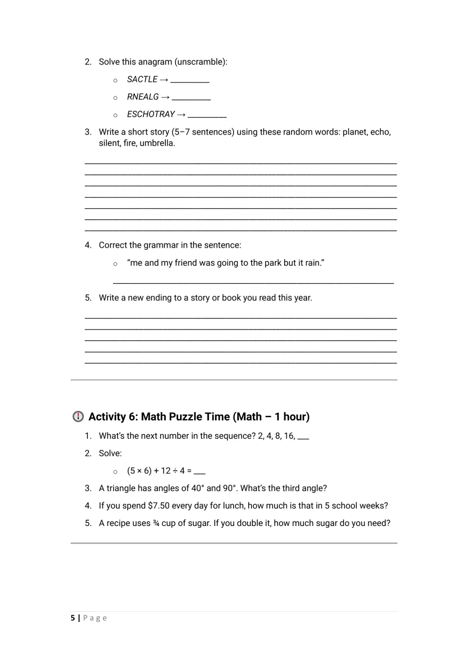 Activity 5 continues with anagrams, story writing, and grammar; Activity 6 adds sequences, angles, and math