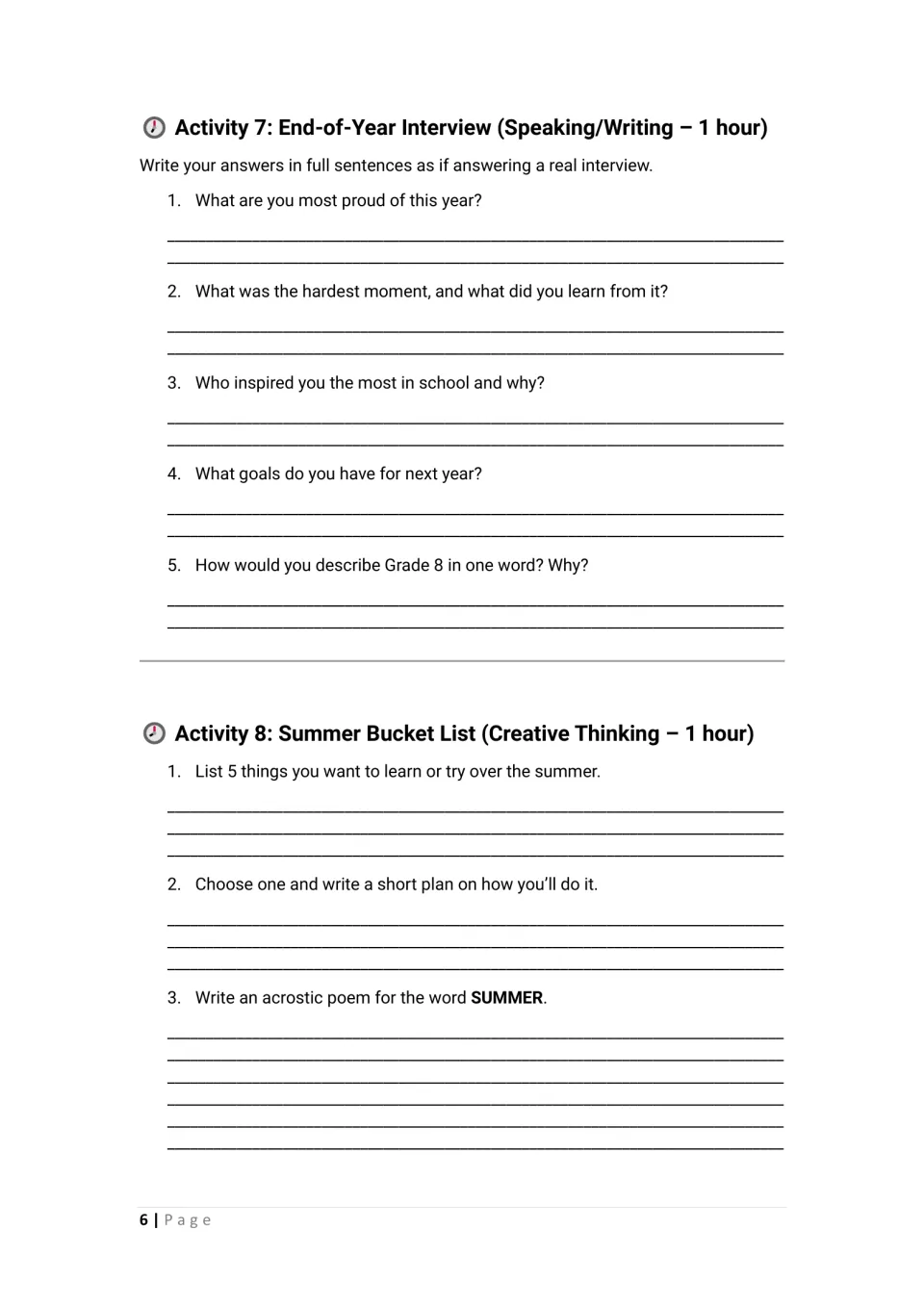 Activities 7–8 ask students to reflect in an end-of-year interview, plan summer goals, and write an acrostic