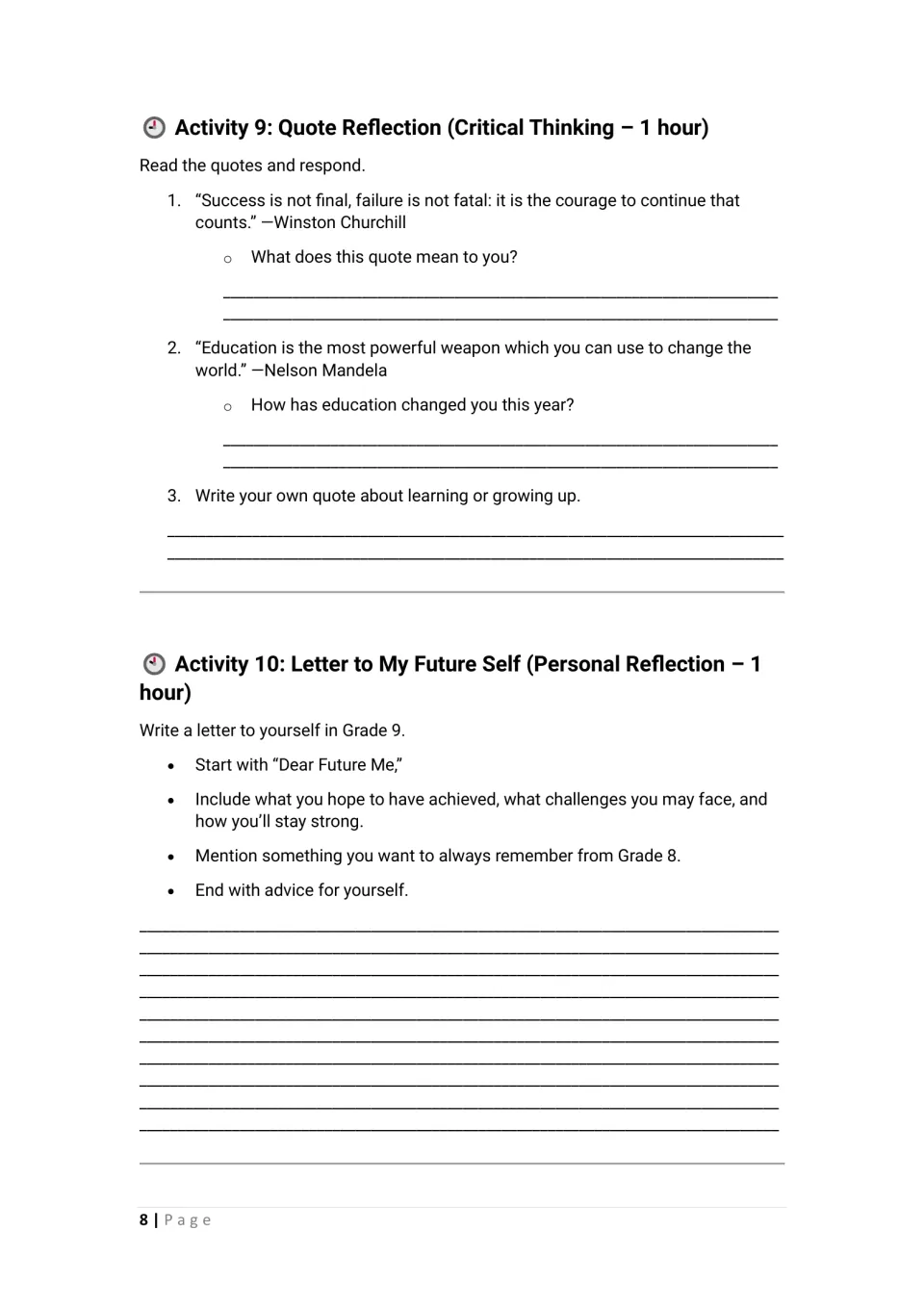 Activities 9–10 ask students to respond to quotes about learning and write a letter to their Grade 9 selves