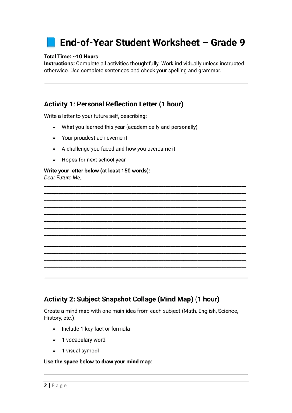 Activities 1–2: write a personal reflection letter of at least 150 words and create a subject mind map