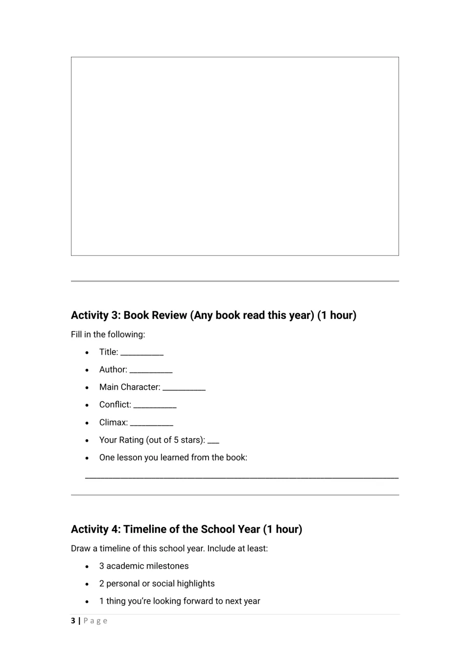 Activities 2–4: continue the subject mind map, review a book, and plan a timeline of school-year highlights