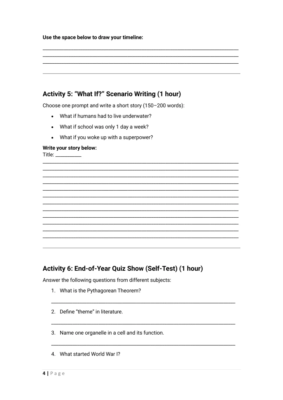 Activities 4–6: finish the timeline, write a 150–200-word what-if story, and begin the subject review quiz