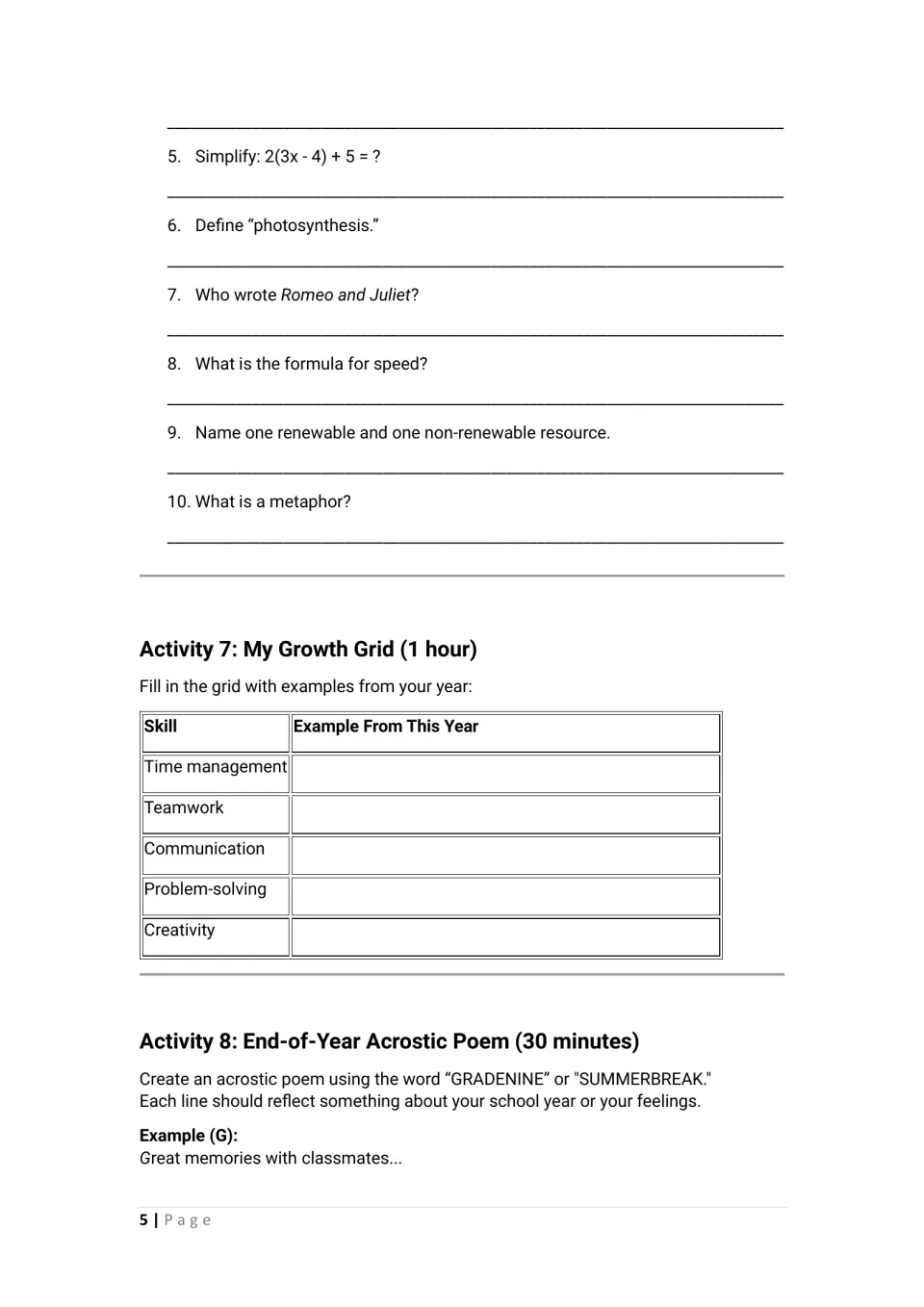 Activities 6–8: quiz questions 5–10, personal growth examples, and an acrostic using GRADENINE or SUMMERBREAK