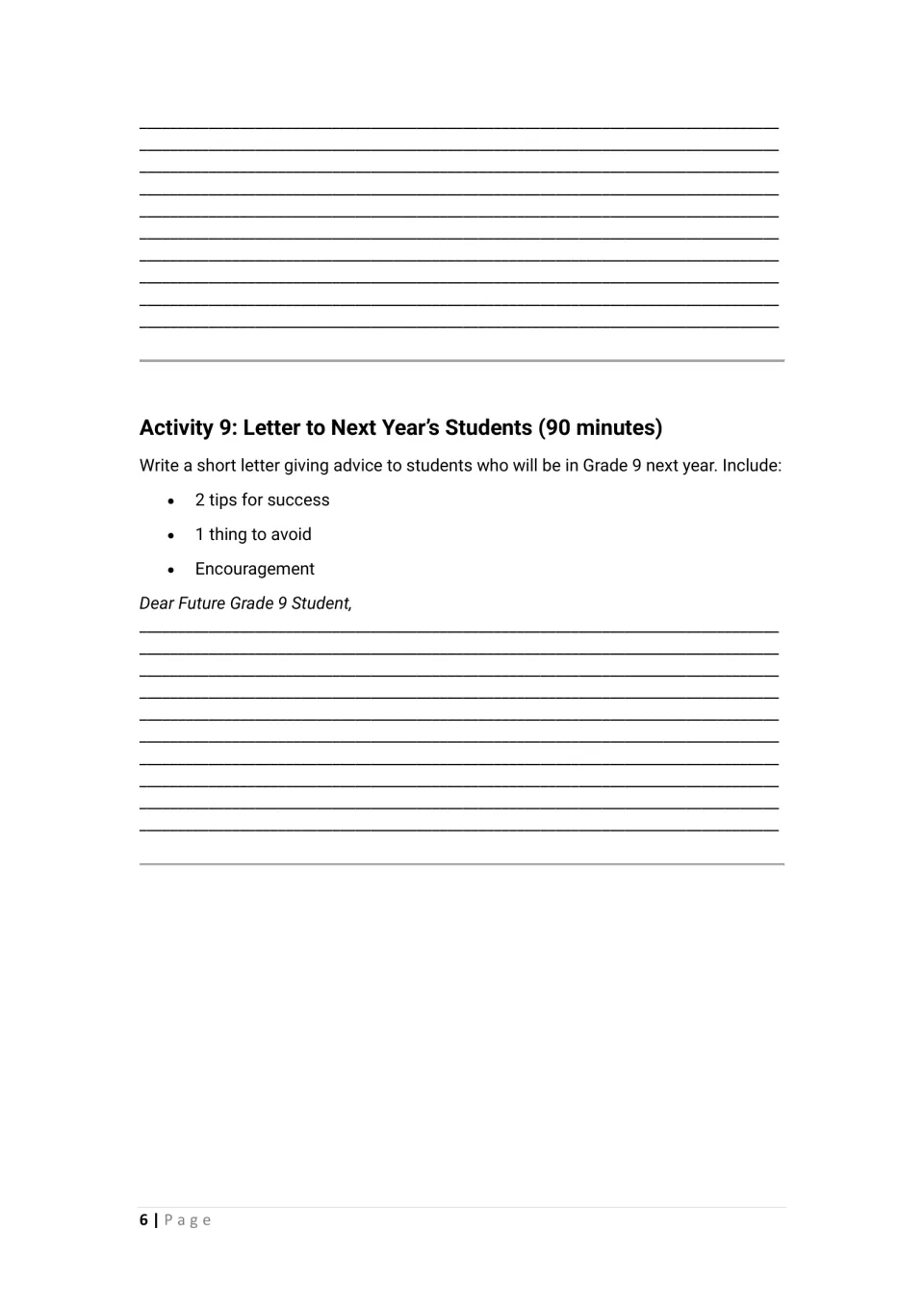 Activities 8–9: finish the acrostic poem and write next year's Grade 9 students tips and encouragement