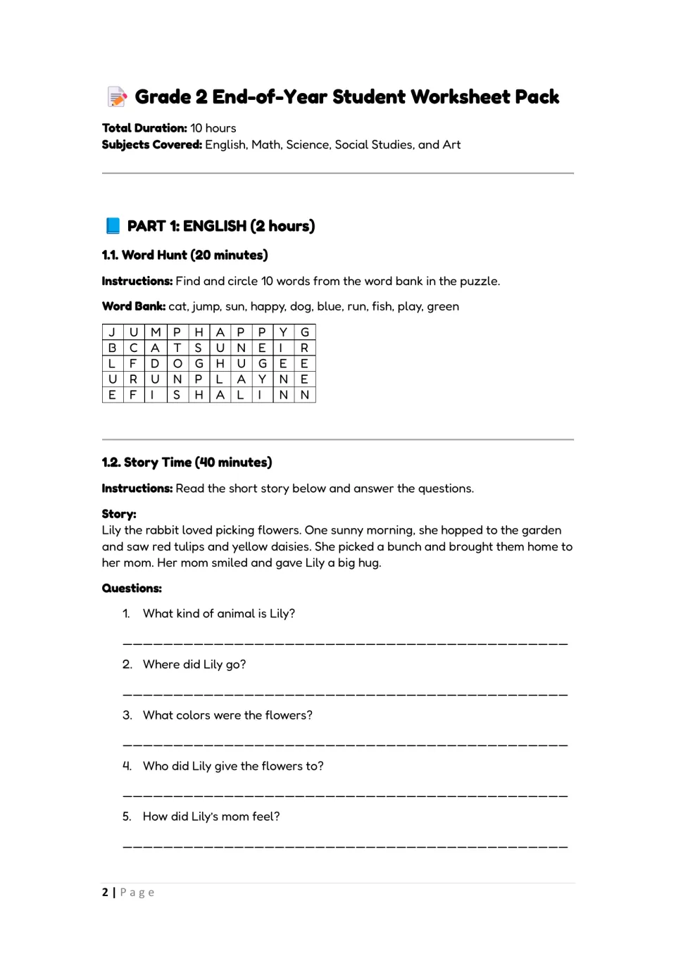 English word hunt and story: students circle 10 word-bank words in a puzzle, then answer 5 questions about Lily the rabbit