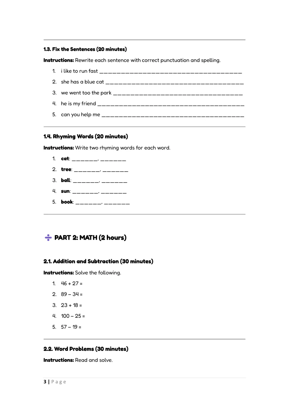 Sentence fixing and rhymes: students correct punctuation and spelling in 5 sentences, write rhymes, then add and subtract