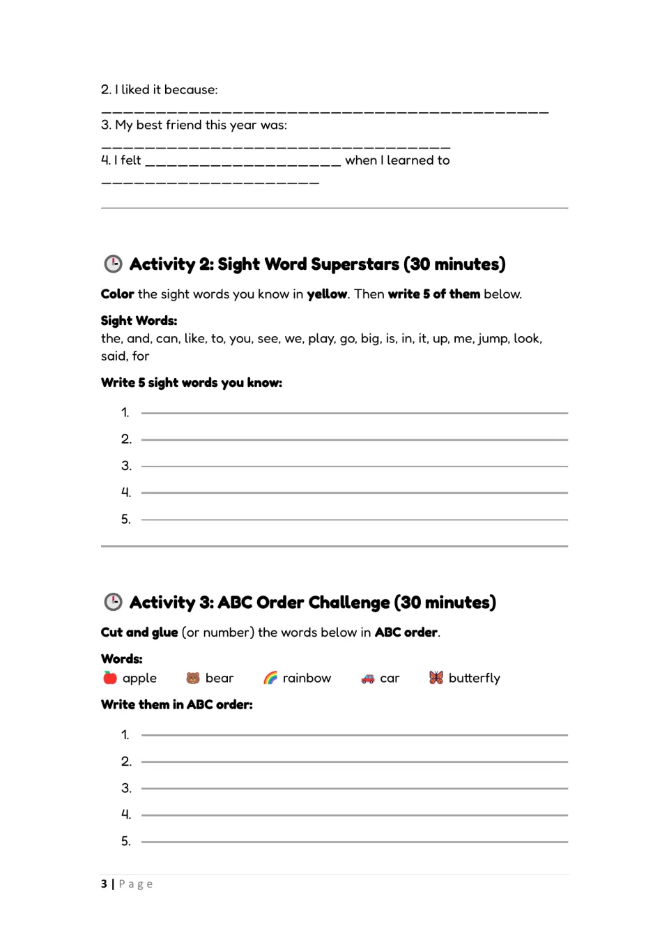 Activities 1–3: finish year-end reflections, color and write sight words, and put five words in ABC order