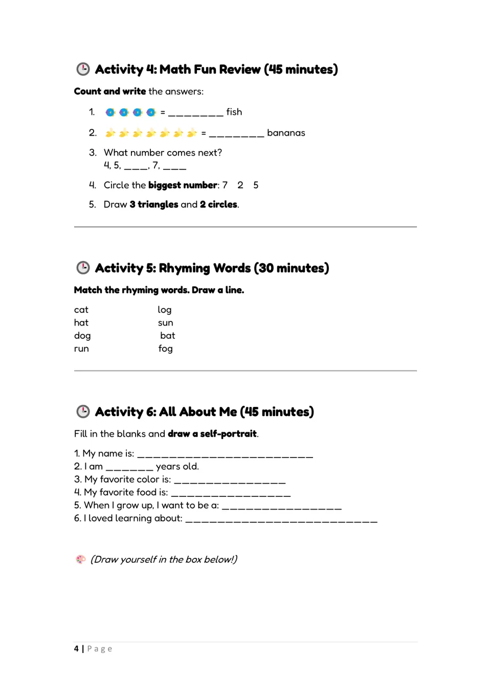 Activities 4–6: count fish and bananas, complete a number sequence, match rhymes, and answer All About Me prompts
