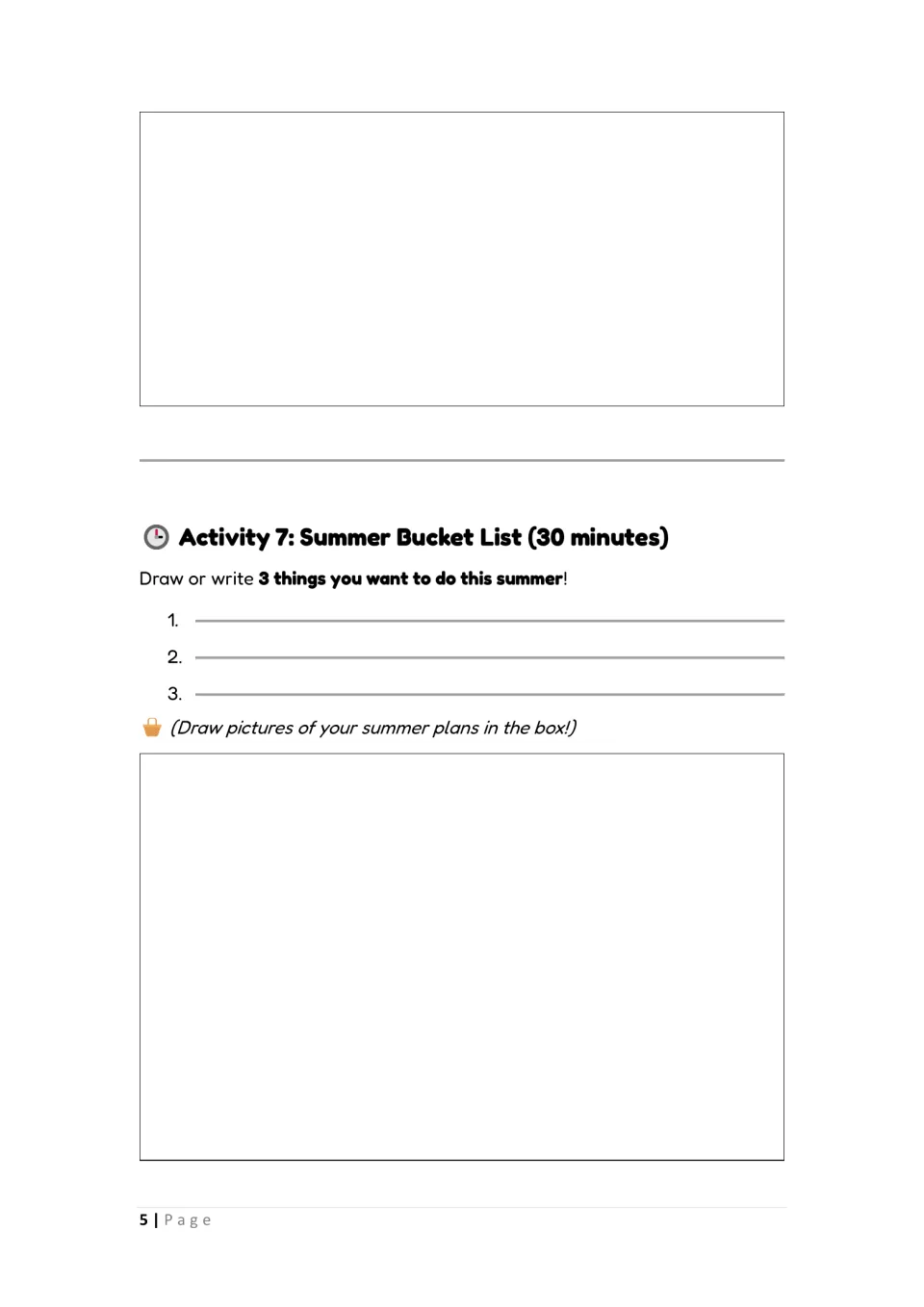 Activity 6 self-portrait space continues; Activity 7 asks students to draw or write three summer plans