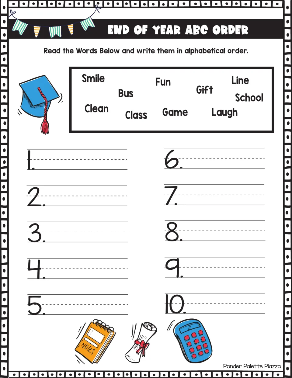 Second end-of-year word list: students put Smile, Bus, Clean, Class, Laugh, Line and 4 more words in alphabetical order