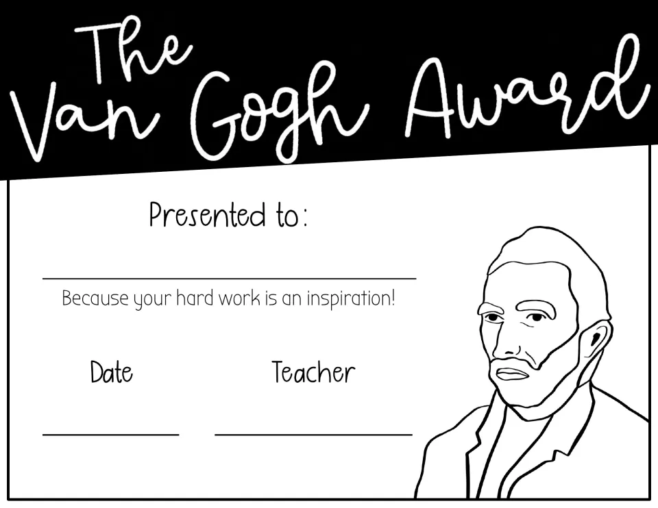 The Van Gogh Award: printable art certificate with a Van Gogh line portrait and spaces for student name, date and teacher