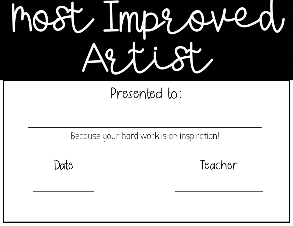 Most Improved Artist certificate: text-only award with a Presented to line and Date and Teacher blanks