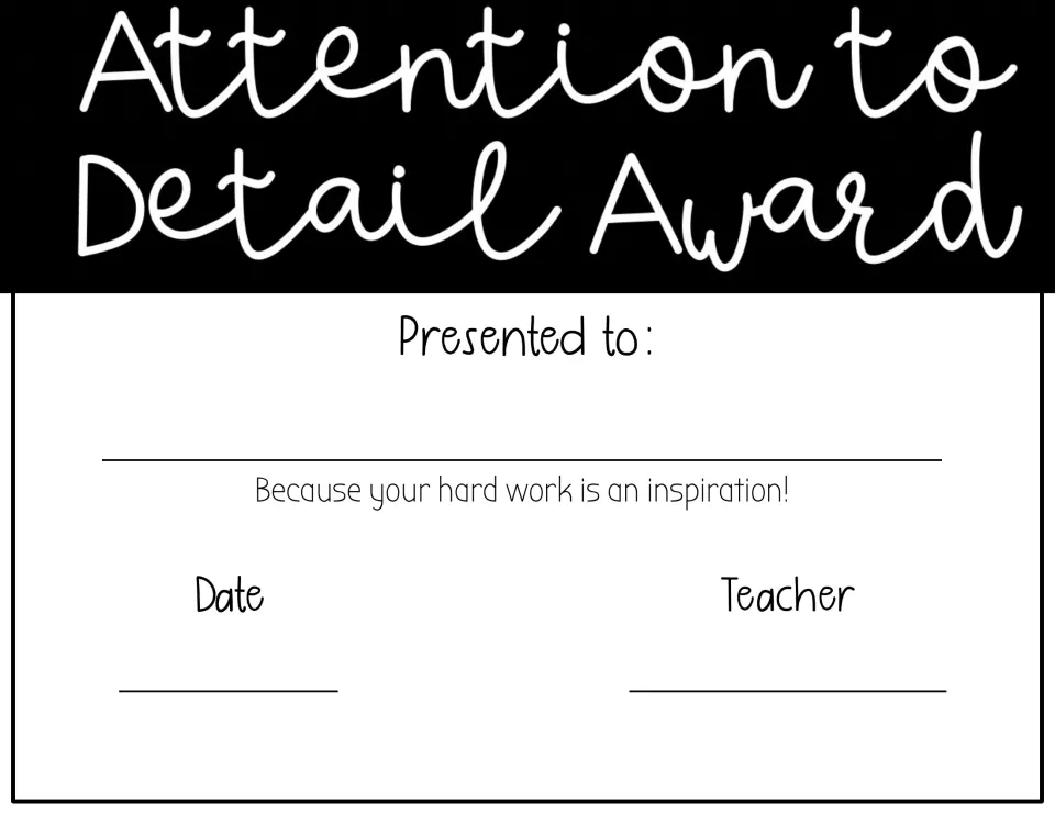 Attention to Detail Award certificate for an art student, with a recipient line and a teacher signature line