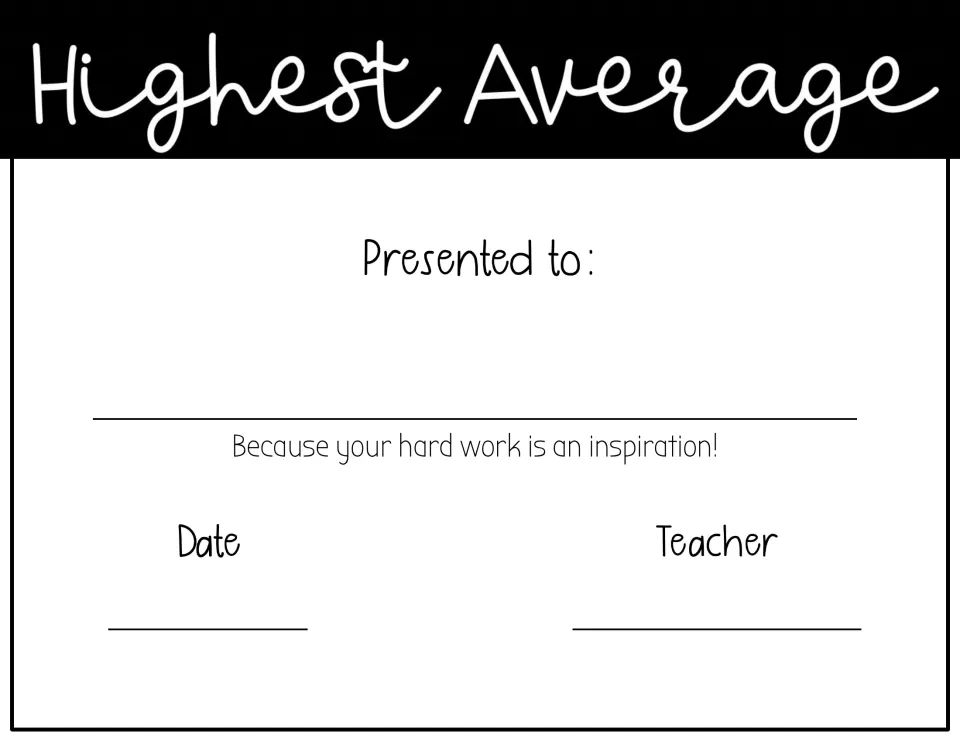 Highest Average award certificate with a Presented to line for the student and Date and Teacher lines to complete by hand
