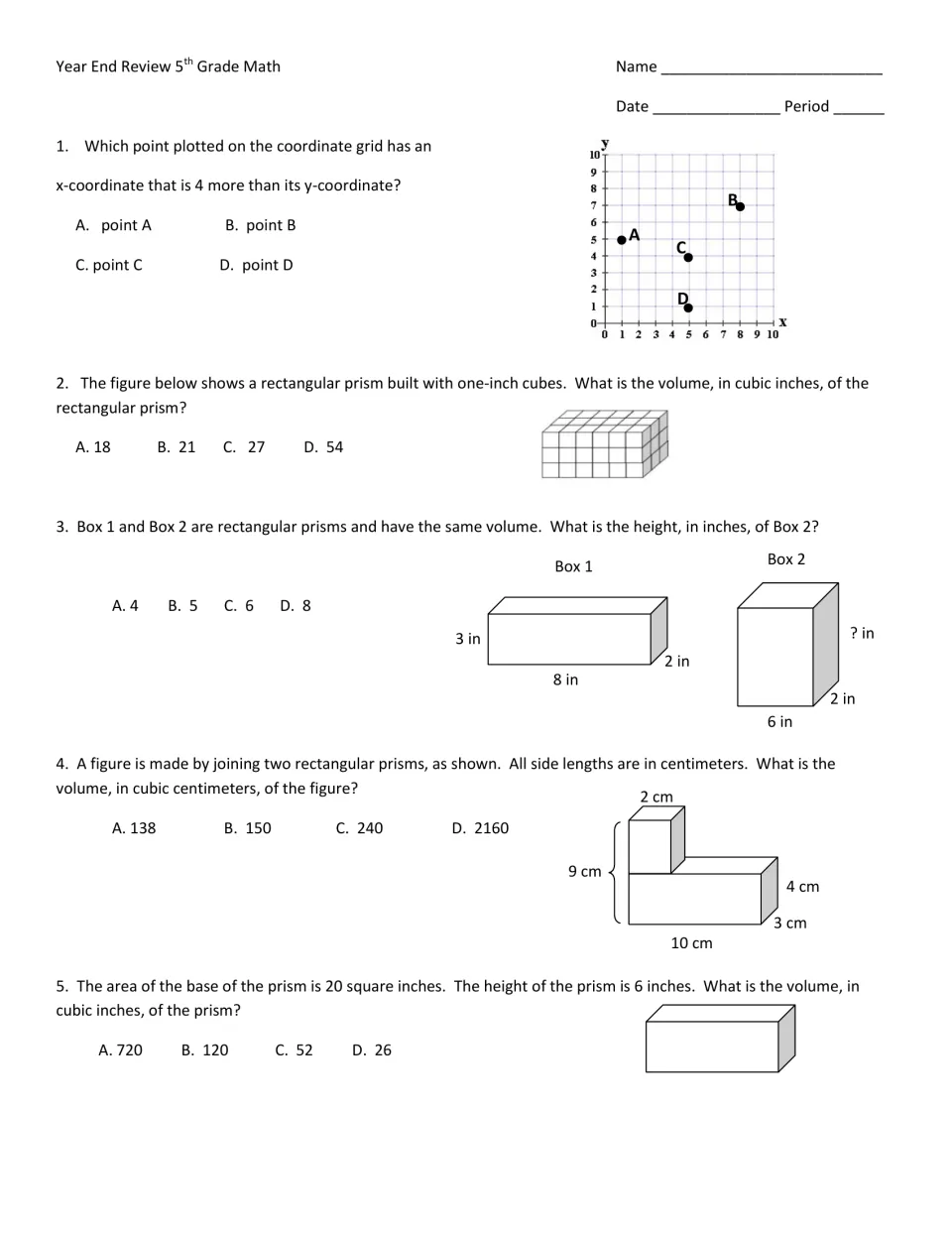 Volume and coordinates: students find prism volumes from cubes, dimensions and base area, and pick a plotted point