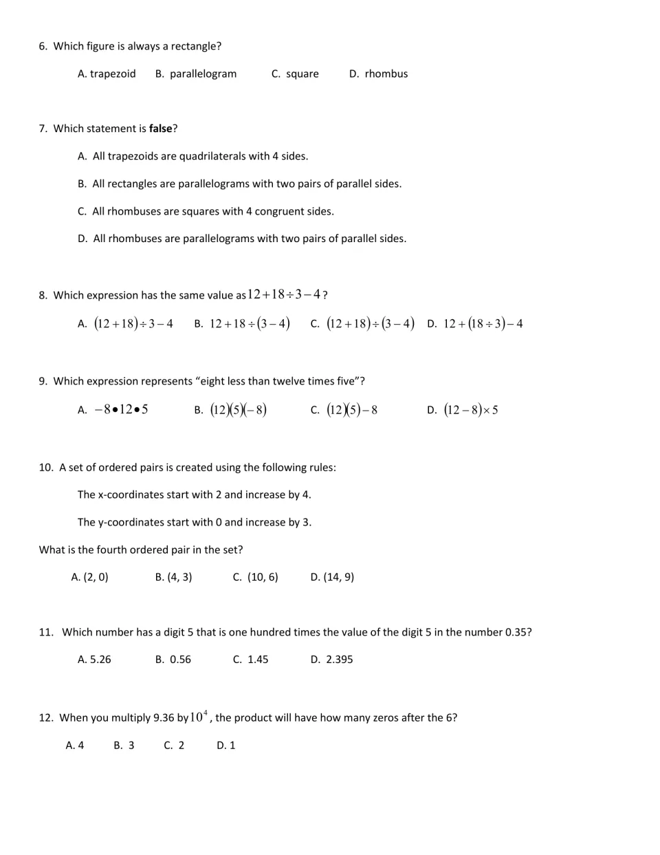 Shapes, expressions and place value: students classify quadrilaterals, match expressions and find ordered pairs