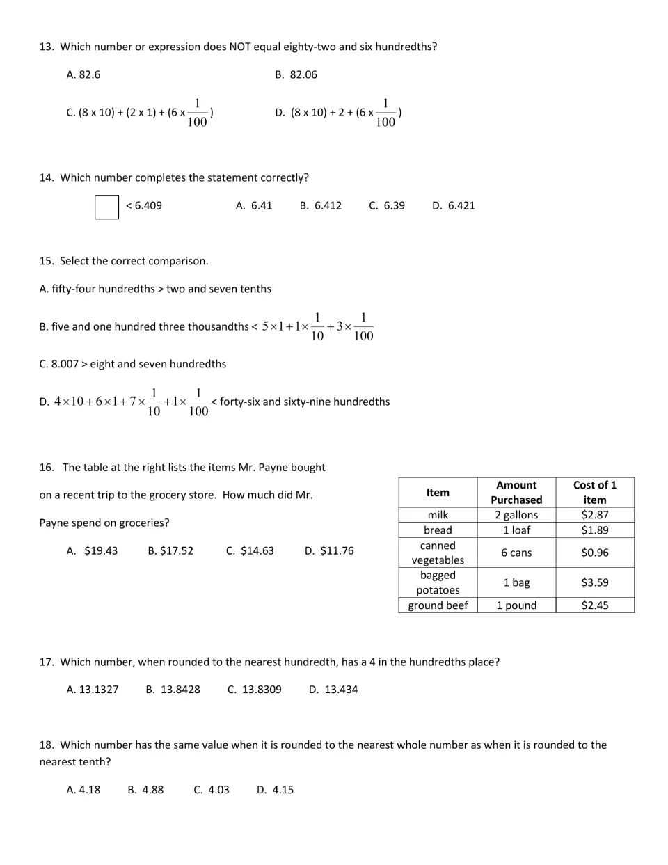 Decimal questions 13-18: students compare and round decimals, read expanded form and total a grocery price table