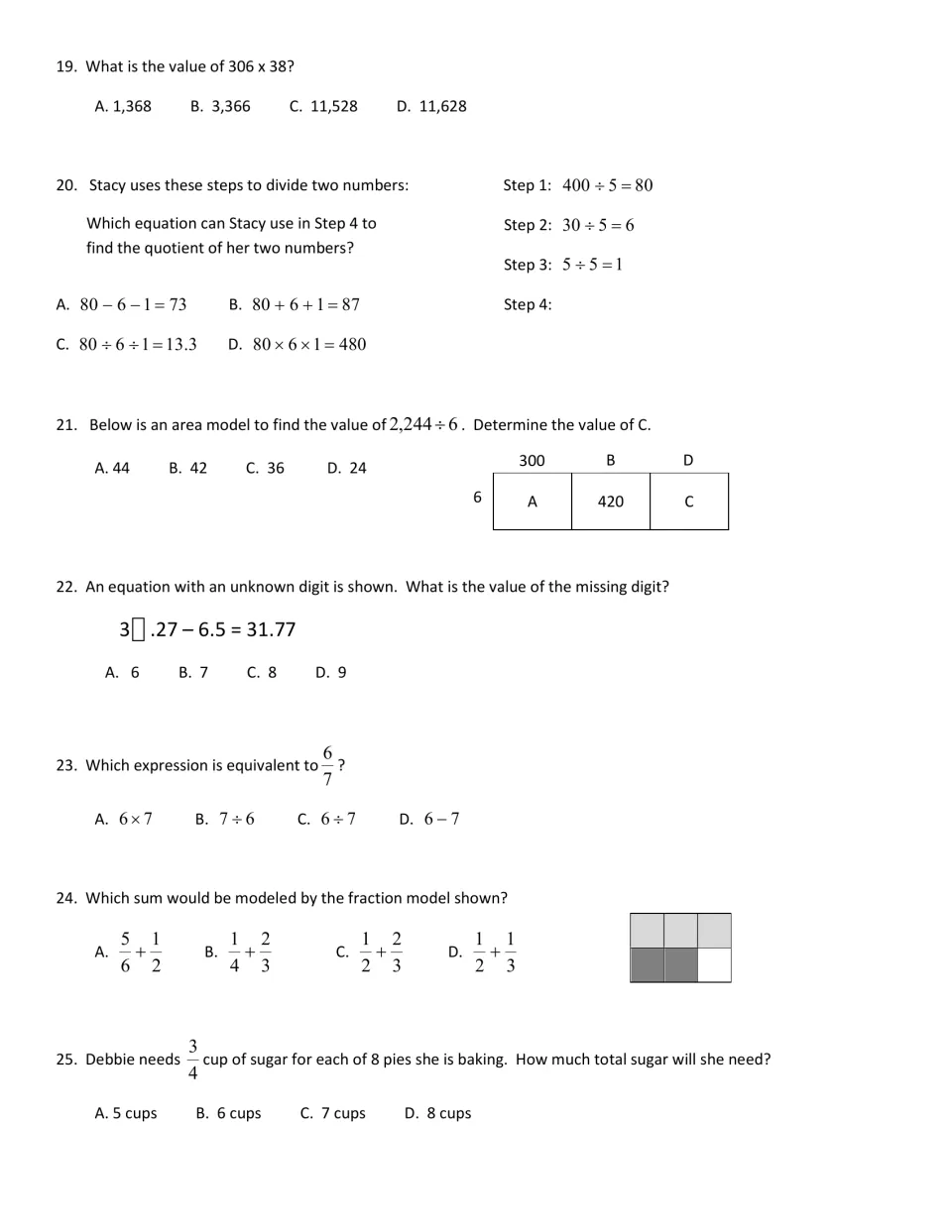 Multiply and divide: students solve 306 x 38, partial quotients, an area model, a missing digit and fraction sums
