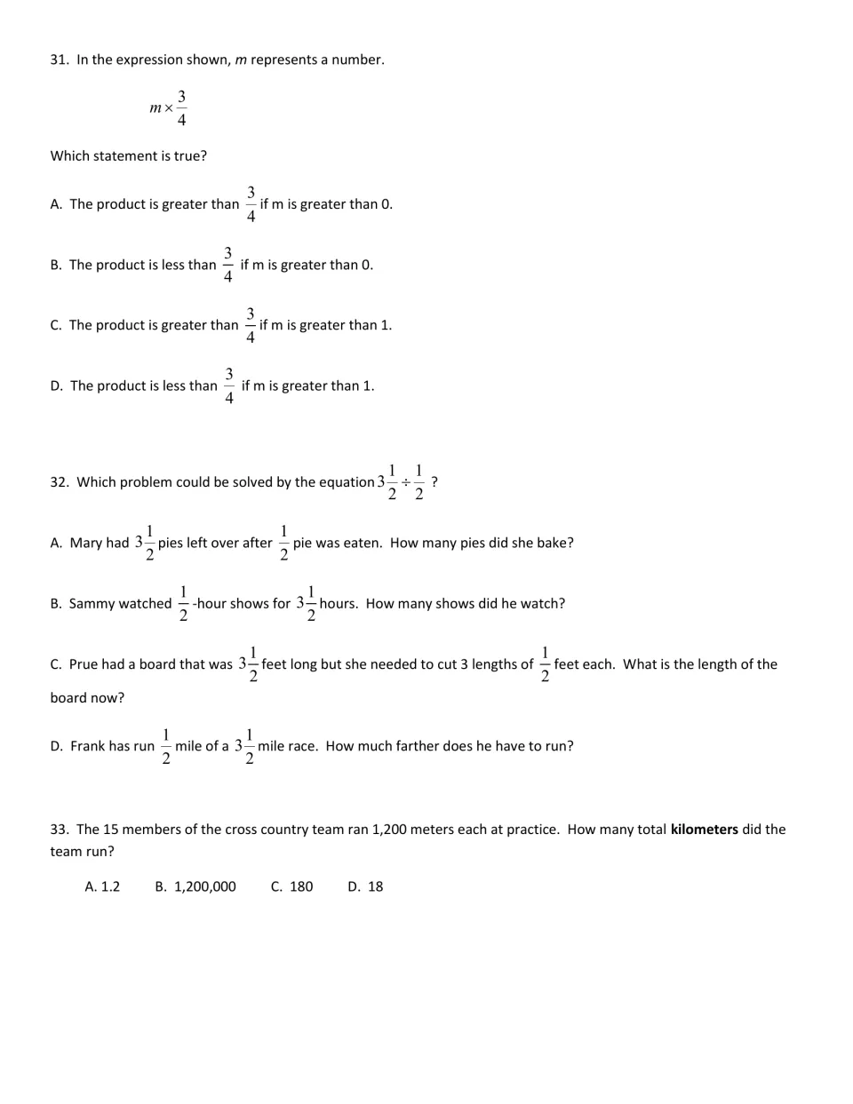 Scaling and division: students judge m x 3/4, pick a story for 3 1/2 divided by 1/2 and convert meters to kilometers
