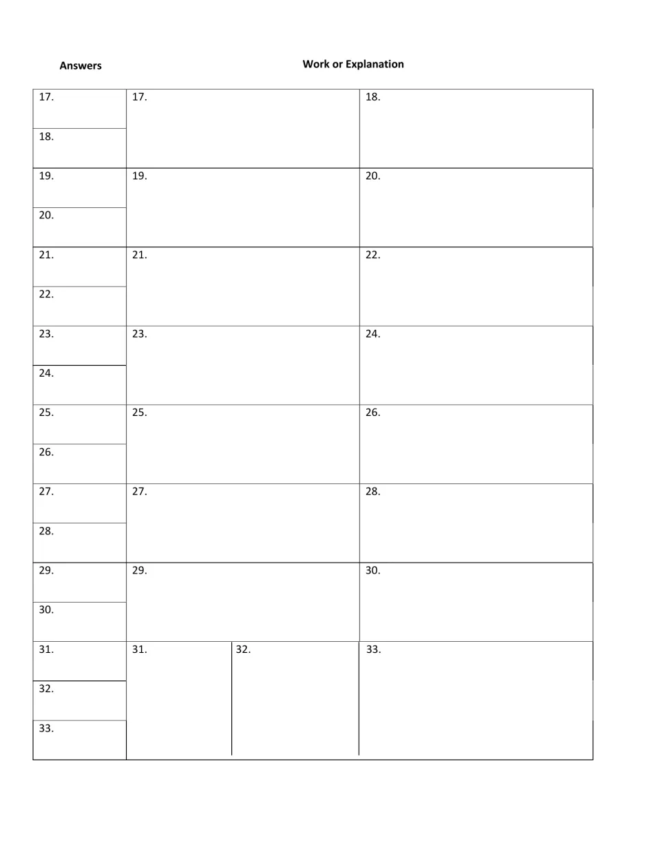 Answer sheet continued, questions 17-33: students write each letter answer and their work or explanation