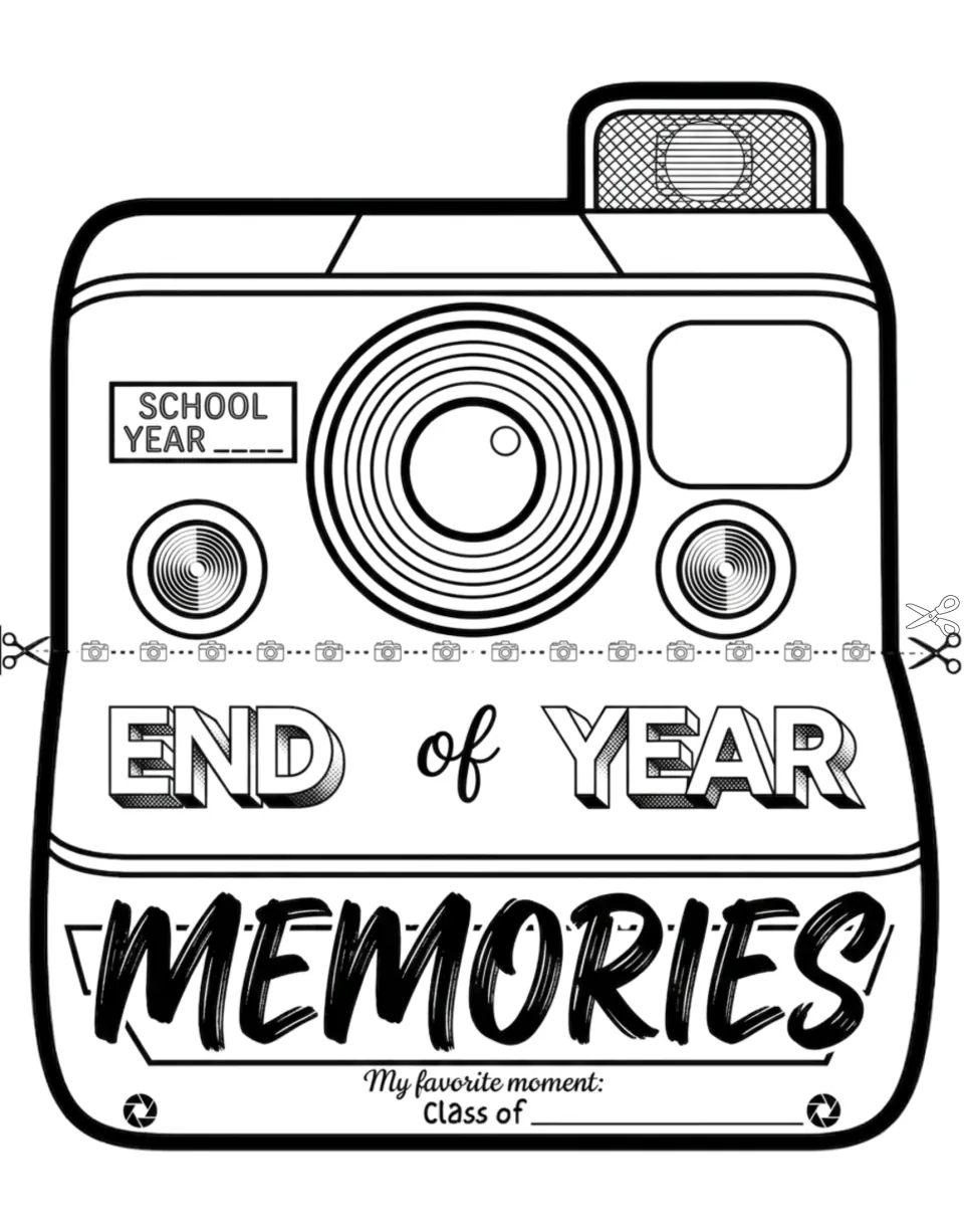 Camera cut-out piece to color: End of Year Memories front with School Year and Class of blanks, cut along the dotted line