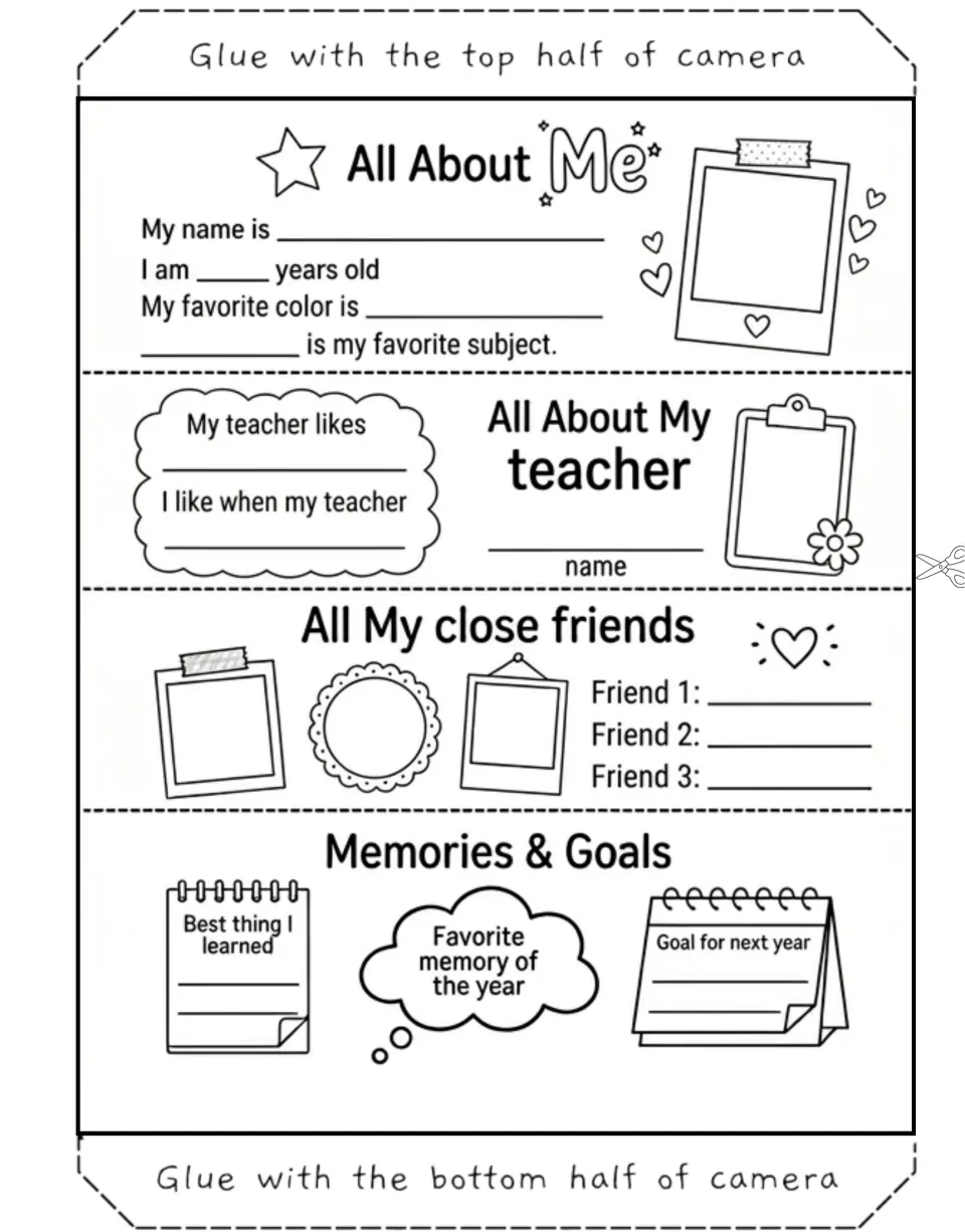 All About Me insert: students write their name, age, favorite color, teacher facts, three friends and a goal for next year