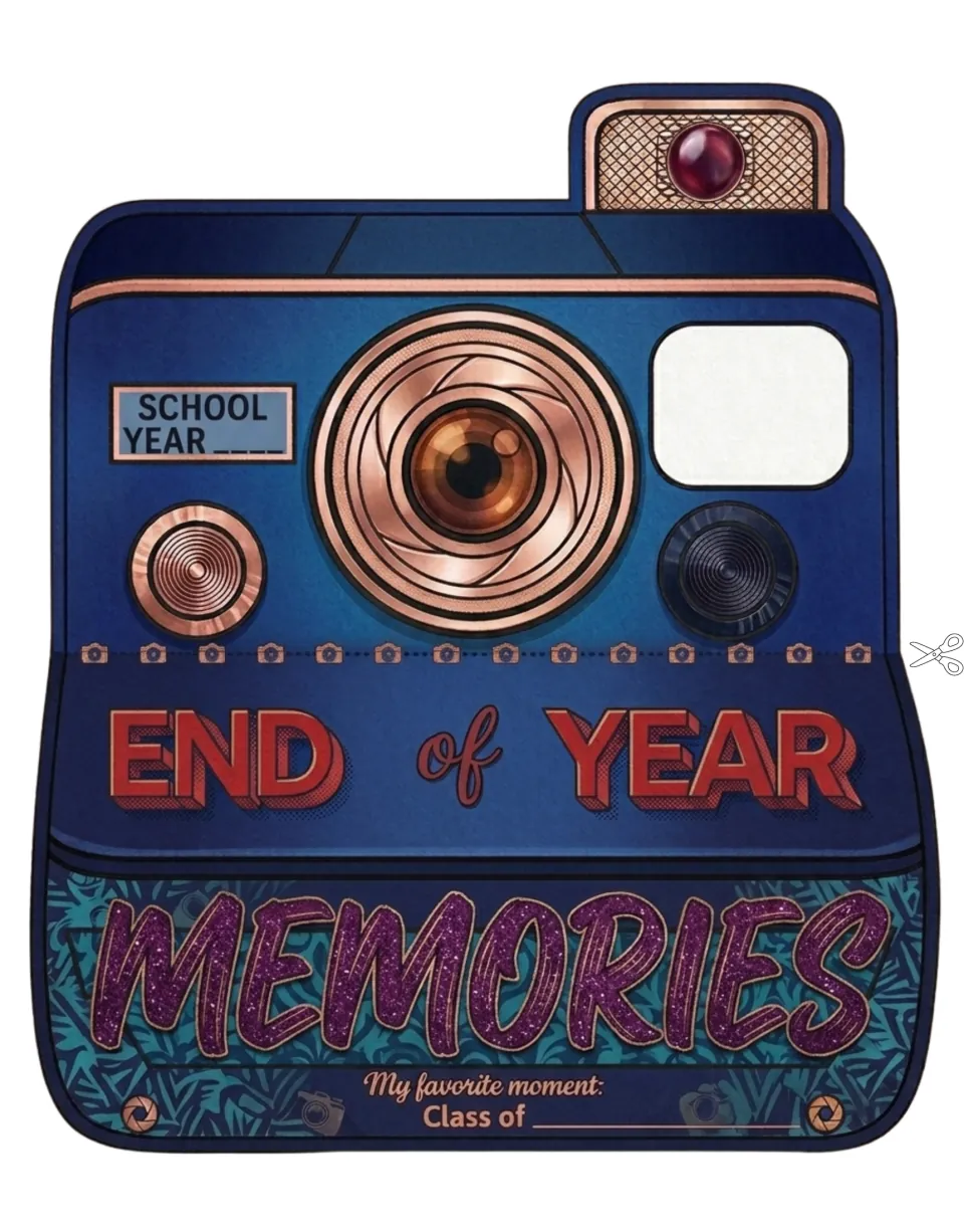 Blue and copper camera cut-out piece reading End of Year Memories, with School Year and Class of blanks and a cut line