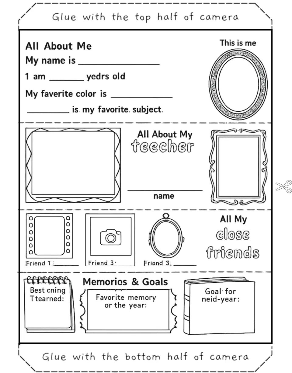 All About Me insert with an oval This is me frame, filmstrip and camera frames for 3 friends, and memory and goal prompts