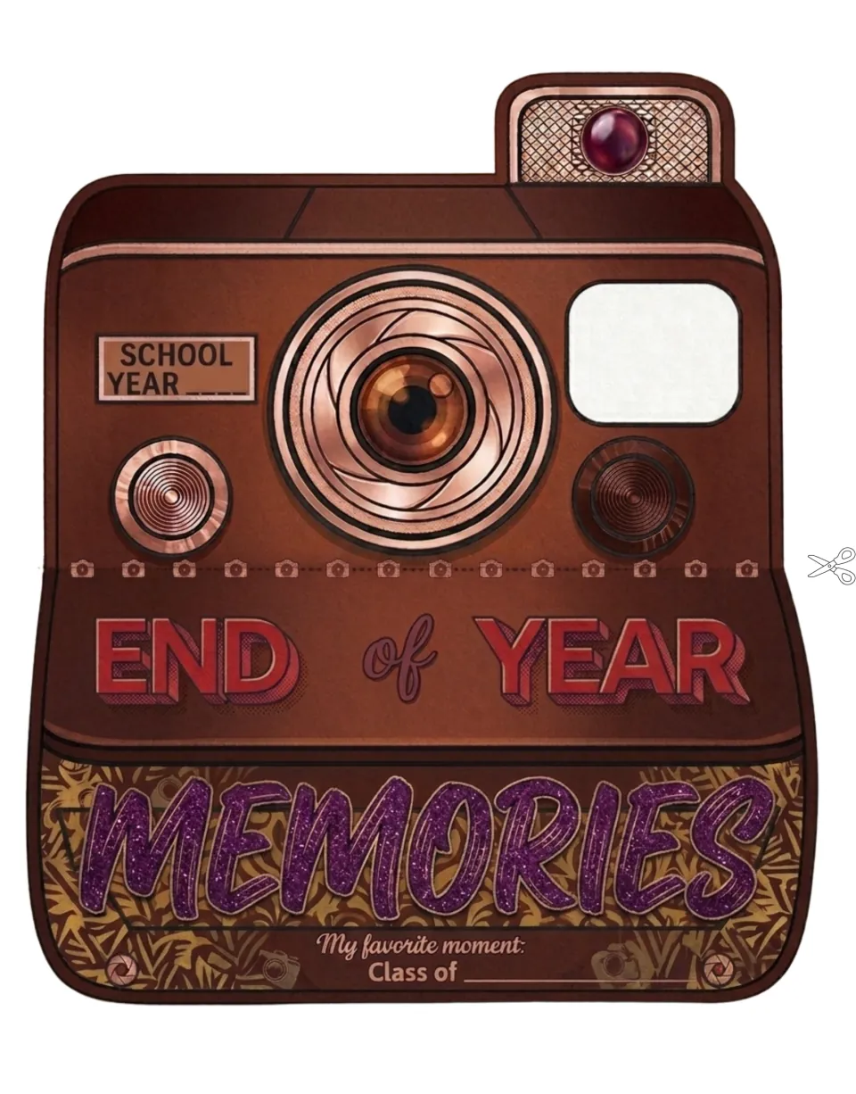 Brown camera cut-out piece with purple glitter Memories lettering, red End of Year title and School Year and Class of blanks
