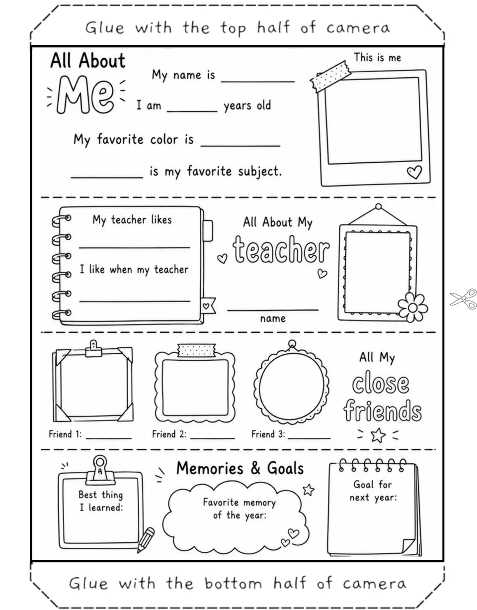 Reflection insert: students fill in All About Me, notebook prompts about their teacher, three friend frames and memories