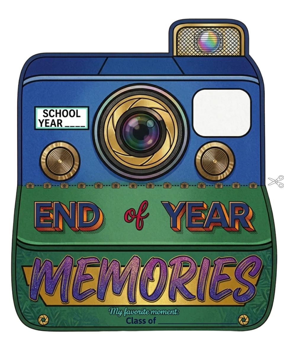 Blue and green camera cut-out piece with purple Memories lettering on gold, End of Year title and a dotted cut line